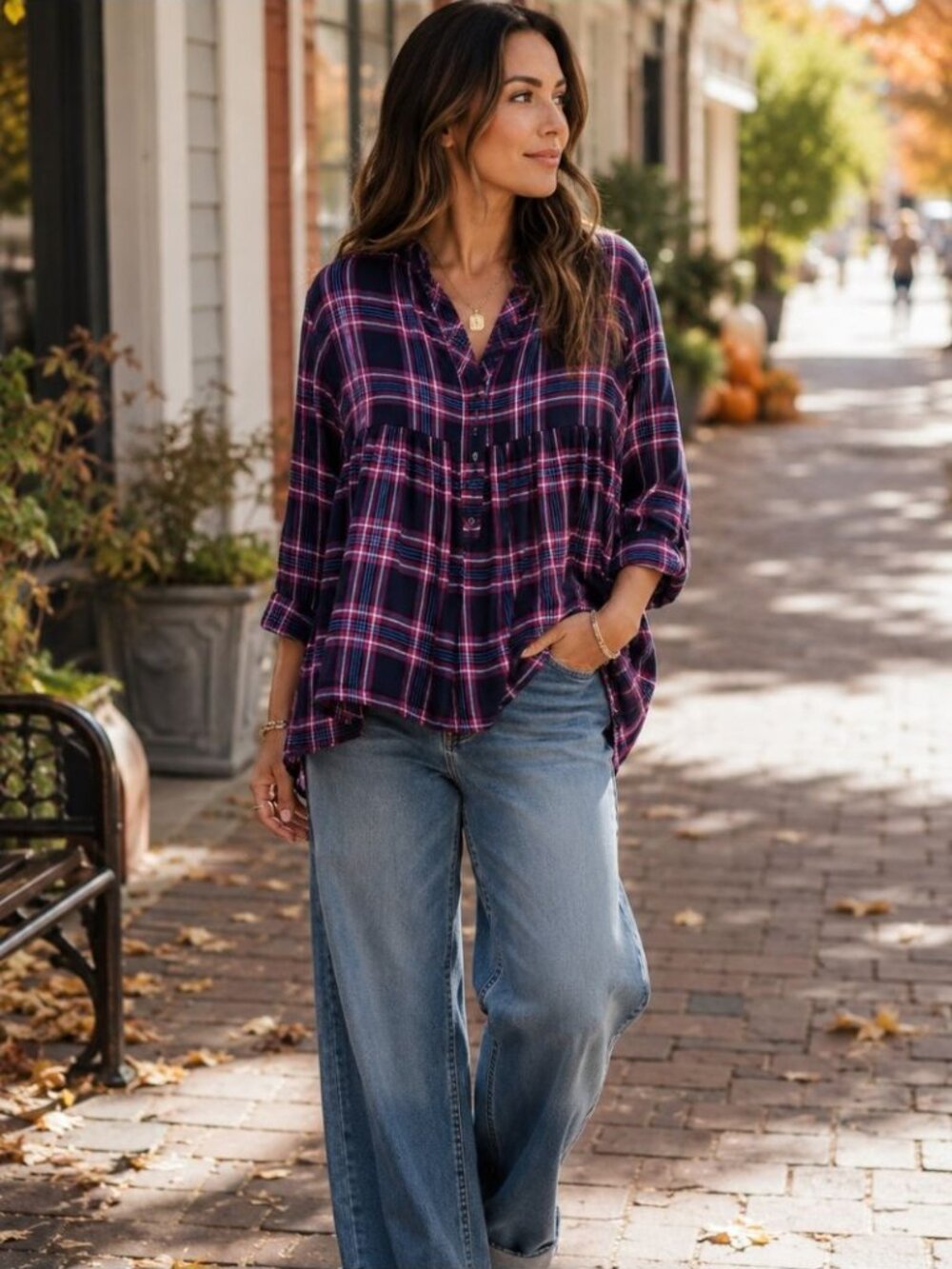 Gap Plaid Button-Front Tunic Top in Navy and Pink Peasant Blouse XL Boho Fall